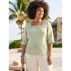 Tweeds Woman Celery Embroidered Square Neck Tunic Size 2X